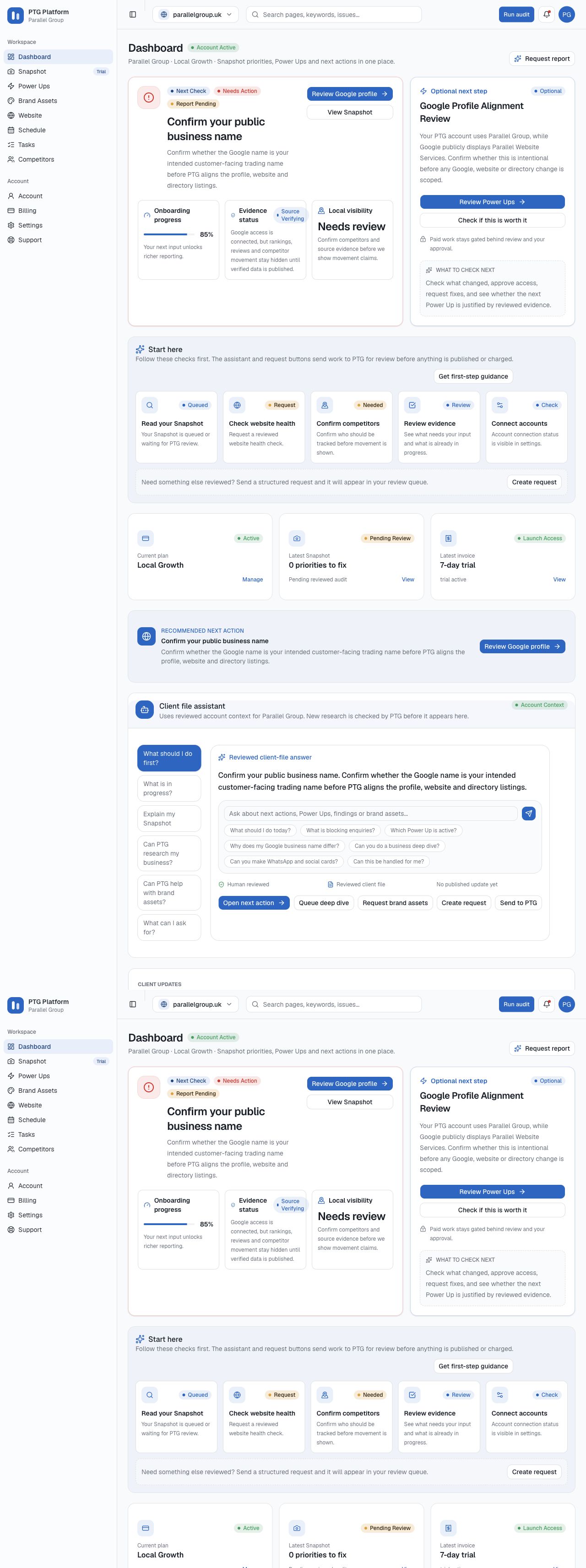 Current PTG customer dashboard showing reviewed next actions and source verification status